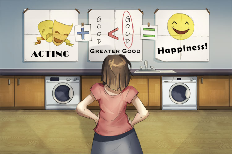 She printed out simple signs for the utility (principle of utility) washroom to remind her that acting for the greater good brings happiness